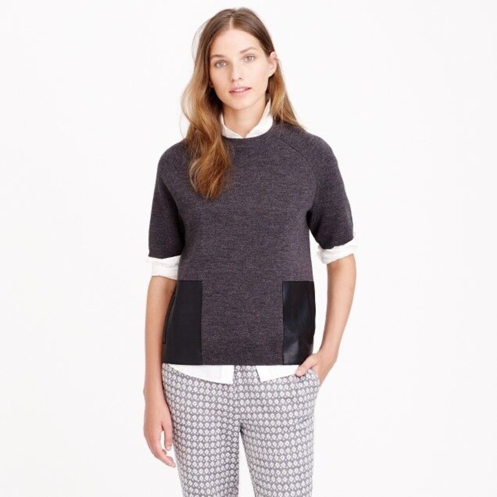 J Crew Merino Wool Boxy Top XS Short Sleeve Grey Academia Preppy Leather Pockets